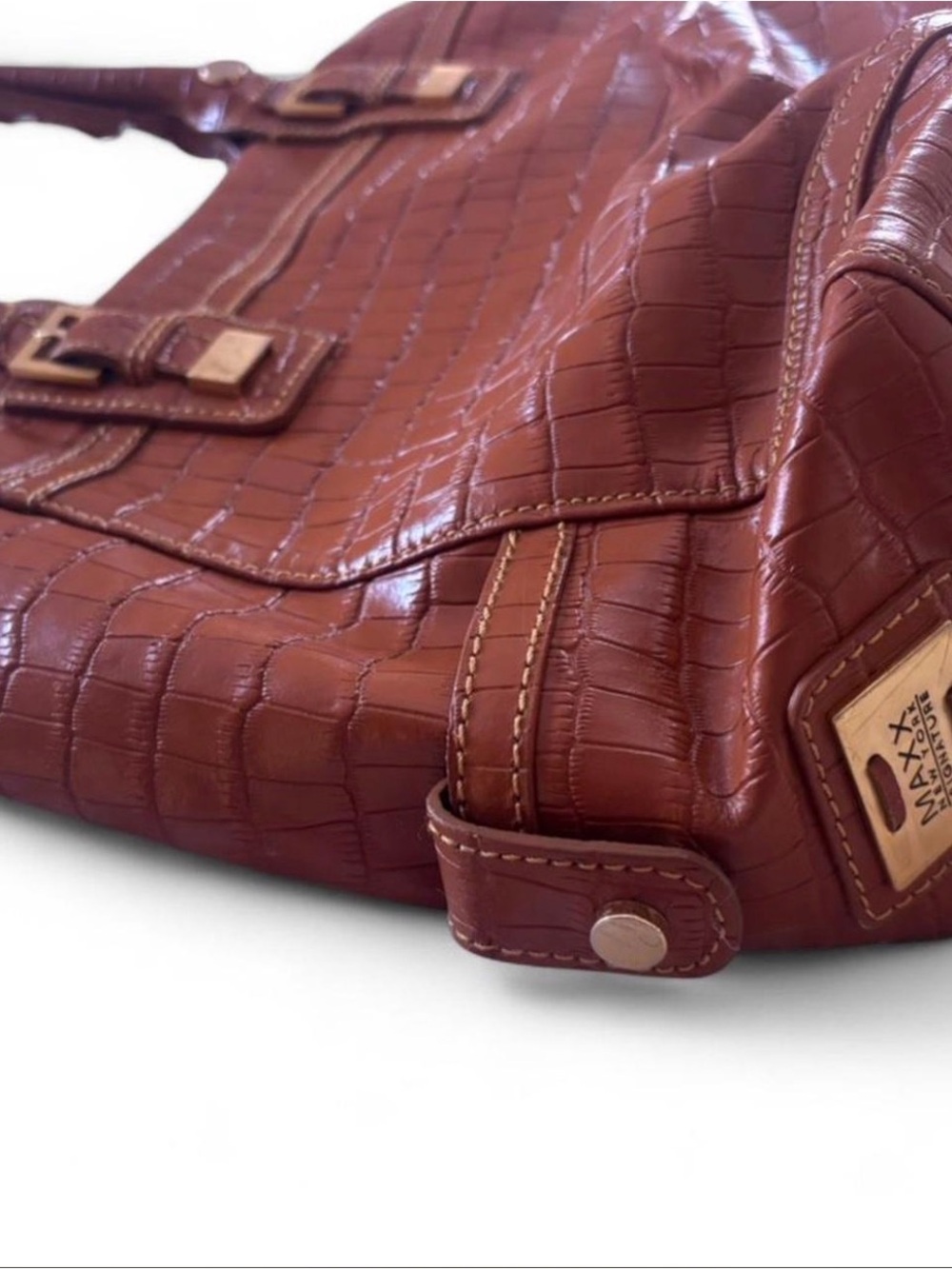 Maxx New York Croc-Embossed Tan Leather Tote with Leopard-Print Lining